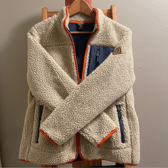Eddie Bauer Rangefinder Sherpa Fleece Full Zip Up Coat Tan/ Navy size Medium - Picture 4 of 13